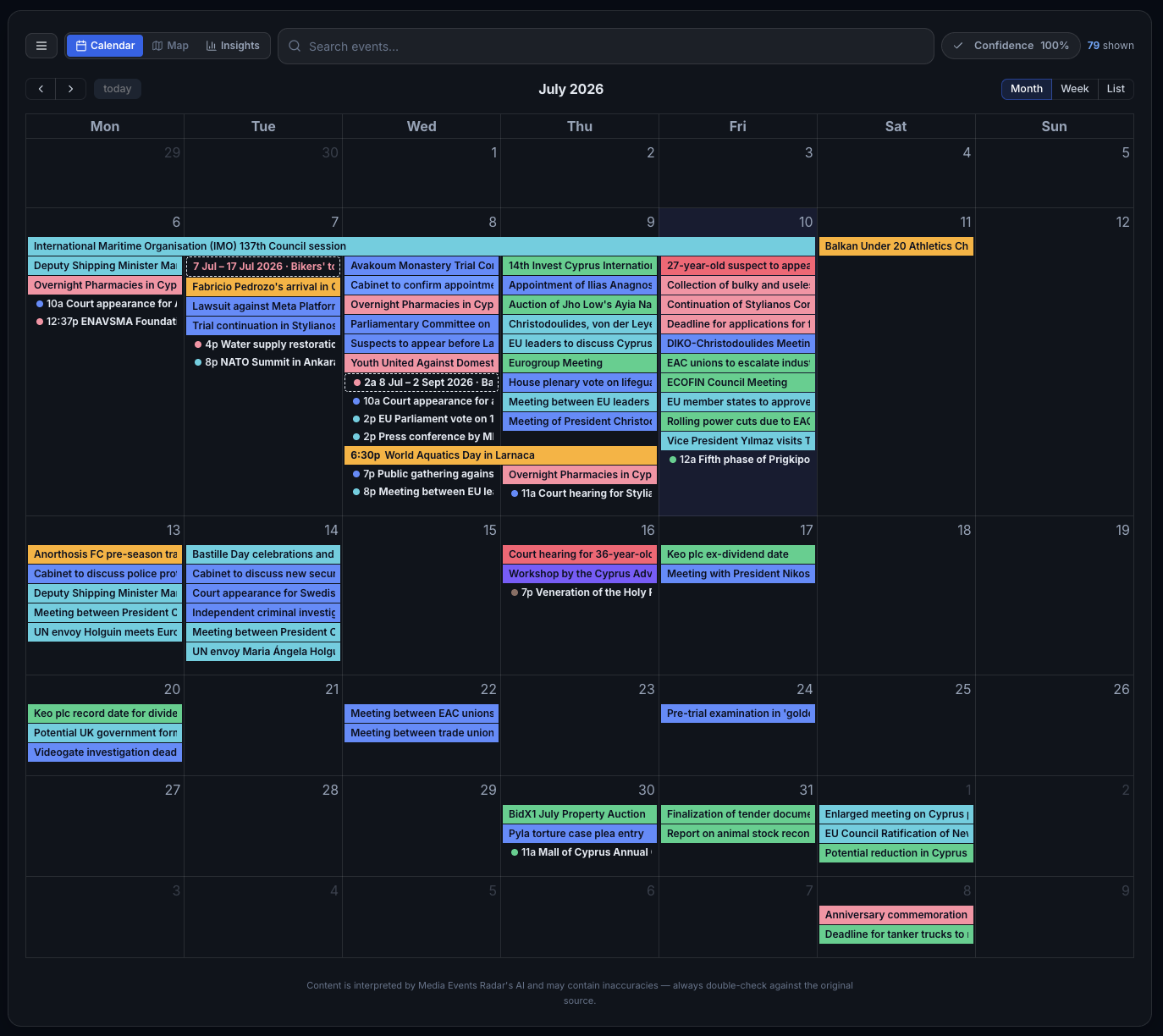 The upcoming-events calendar
